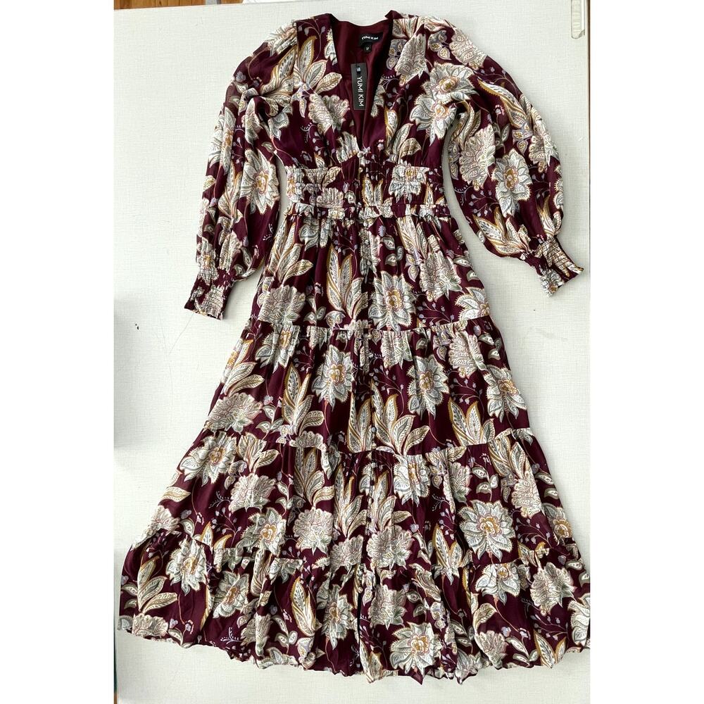 Yumi Kim Sz M Frida Maxi Dress Maroon Paisley Cinch Waist Wedding Guest Feminine - Picture 4 of 16